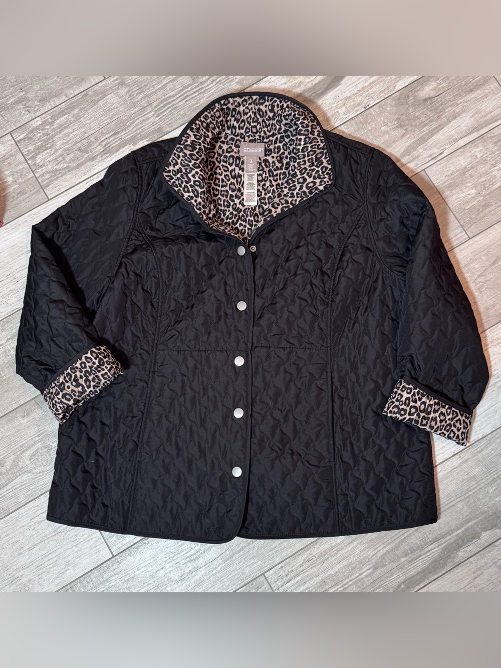 Chico’s Size 3 Reversible Quilted Jacket – Black & Leopard Print